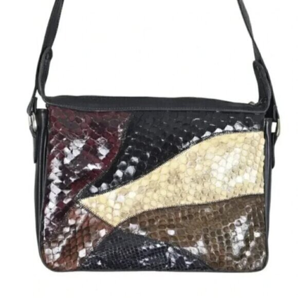 Vintage Cuero Vaca Leather Snakeskin Purse Shoulder Bag Black Patchwork - Picture 9 of 14